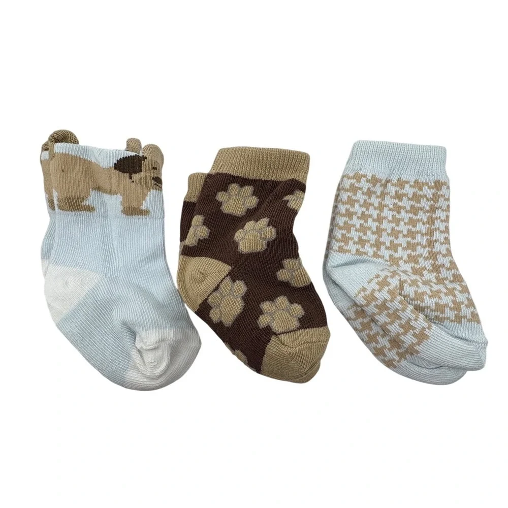 Baby Socks 3 Pack Dog Paw Print Houndstooth Blue Brown 6-12 Months